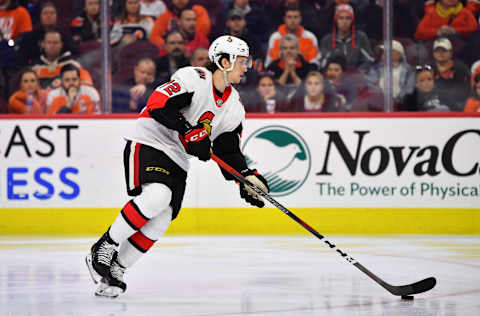 PHILADELPHIA, PA – MARCH 11: Ottawa Senators Defenceman Thomas Chabot (72) carries the puck in the third period during the game between the Ottawa Senators and Philadelphia Flyers on March 11, 2019 at Wells Fargo Center in Philadelphia, PA. (Photo by Kyle Ross/Icon Sportswire via Getty Images)