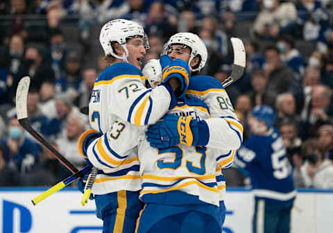 Mar 2, 2022; Toronto, Ontario, CAN; Buffalo Sabres right wing Tage Thompson (72) celebrates after scoring a goal with left wing Jeff Skinner (53) during the second period against the Toronto Maple Leafs at Scotiabank Arena. Mandatory Credit: Nick Turchiaro-USA TODAY Sports