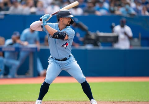 Aug 21, 2021; Toronto, Ontario, CAN; Toronto Blue Jays center fielder Randal Grichuk (15) waits for a pitch during the fifth inning against the Detroit Tigers at Rogers Centre. Mandatory Credit: Nick Turchiaro-USA TODAY Sports