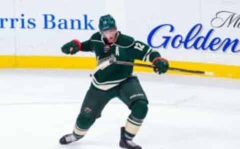 Oct 29, 2016; Saint Paul, MN, USA; Minnesota Wild forward Eric Staal (12) celebrates his goal in the third period against the Dallas Stars at Xcel Energy Center. The Minnesota Wild beat the Dallas Stars 4-0. Mandatory Credit: Brad Rempel-USA TODAY Sports