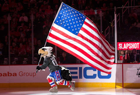 WASHINGTON, DC – NOVEMBER 11: Washington Capitals mascot Slapshot enters onto the ice before a NHL game between the Arizona Coyotes and the Washington Capitals on November 11, 2019, at Capital One Arena, in Washington D.C.(Photo by Tony Quinn/Icon Sportswire via Getty Images)