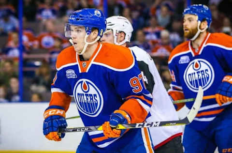 Mar 12, 2016; Edmonton, Alberta, CAN; Edmonton Oilers center Connor McDavid (97) skates against the Arizona Coyotes during the second period at Rexall Place. Arizona Coyotes won 4-0. Mandatory Credit: Sergei Belski-USA TODAY Sports