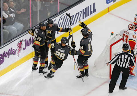 LAS VEGAS, NV – OCTOBER 12: Vegas Golden Knights left wing Tomas Nosek (92) celebrates after scoring a goal during a regular season game between the Calgary Flames and the Vegas Golden Knights Saturday, Oct. 12, 2019, at T-Mobile Arena in Las Vegas, Nevada. (Photo by: Marc Sanchez/Icon Sportswire via Getty Images)