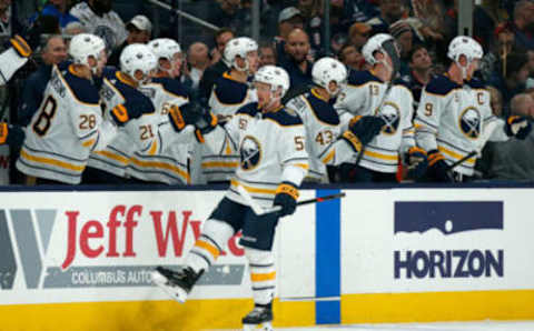 COLUMBUS, OH – OCTOBER 7: Jeff Skinner #53 of the Buffalo Sabres is congratulated by his teammates after scoring a goal during the second period of the game against the Columbus Blue Jackets on October 7, 2019 at Nationwide Arena in Columbus, Ohio. (Photo by Kirk Irwin/Getty Images)