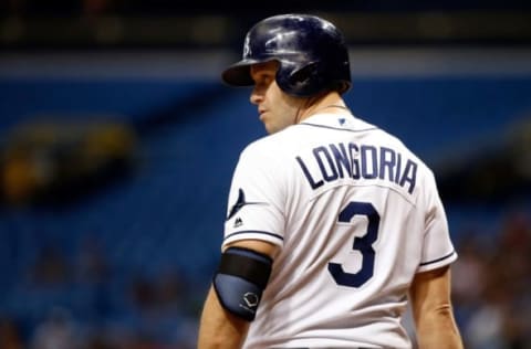 Aug 23, 2016; St. Petersburg, FL, USA; Tampa Bay Rays third baseman Evan Longoria (3) at bat against the Boston Red Sox at Tropicana Field. Mandatory Credit: Kim Klement-USA TODAY Sports