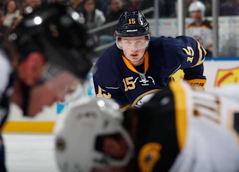 BUFFALO, NY – JANUARY 15: Jack Eichel #15 of the Buffalo Sabres faces off against the Boston Bruins at First Niagara Center on January 15, 2016, in Buffalo, New York. (Photo by Jen Fuller/NHLI via Getty Images)