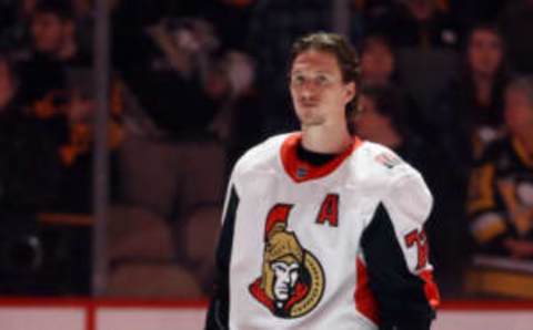 Mar 3, 2020; Pittsburgh, Pennsylvania, USA; Ottawa Senators defenseman Thomas Chabot (72) stands for the national anthem before playing the Pittsburgh Penguins at PPG PAINTS Arena. The Penguins won 7-3. Mandatory Credit: Charles LeClaire-USA TODAY Sports