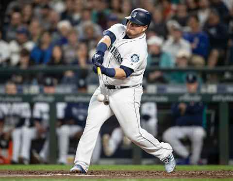 SEATTLE, WA – SEPTEMBER 29: Dan Voggelbach #20 of the Seattle Mariners makes contact with a pitch during an at-bat in a game against the Texas Rangers at Safeco Field on September 29, 2018 in Seattle, Washington. The Mariners won the game 4-1. (Photo by Stephen Brashear/Getty Images)