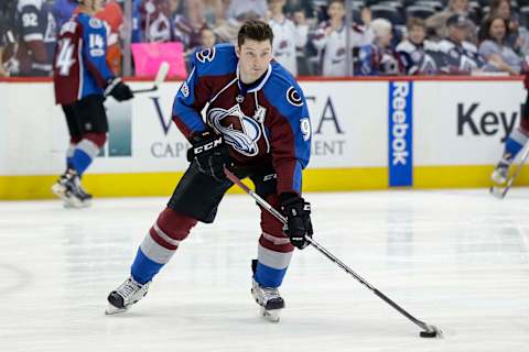 Apr 6, 2017; Denver, CO, USA; Colorado Avalanche center Matt Duchene (9) warms up before the game against the Minnesota Wild at the Pepsi Center. Mandatory Credit: Isaiah J. Downing-USA TODAY Sports