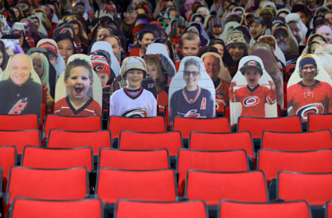 RALEIGH, NORTH CAROLINA – JANUARY 28: A view of cardboard fans during the second period of the game between the Carolina Hurricanes and the Tampa Bay Lightning at PNC Arena on January 28, 2021 in Raleigh, North Carolina. (Photo by Jared C. Tilton/Getty Images)