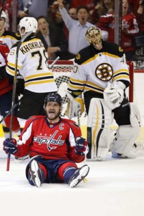 Nov 5, 2015; Washington, DC, USA; Washington Capitals left wing Alex Ovechkin (8) celebrates after scoring a goal on Boston Bruins goalie Tuukka Rask (40) in the first period at Verizon Center. Mandatory Credit: Geoff Burke-USA TODAY Sports