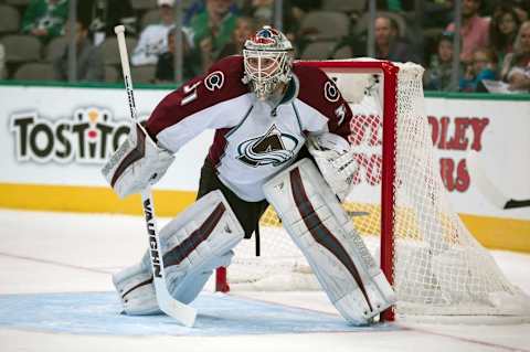 Oct 5, 2016; Dallas, TX, USA; Colorado Avalanche goalie Calvin Pickard (31) faces the Dallas Stars attack during the second period at the American Airlines Center. Mandatory Credit: Jerome Miron-USA TODAY Sports