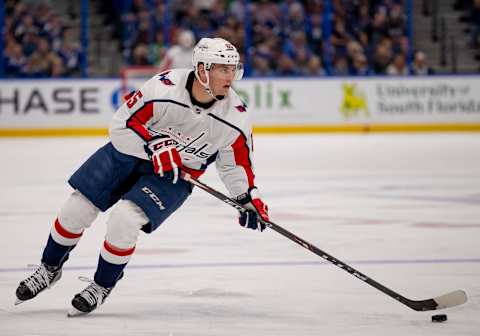 TAMPA, FL – MARCH 16: Washington Capitals left wing Andre Burakovsky (65) skates with the puck during the NHL Hockey match between the Lightning and Capitols on March 16, 2019 at Amalie Arena in Tampa, FL. (Photo by Andrew Bershaw/Icon Sportswire via Getty Images)