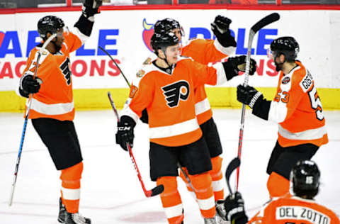 Mar 28, 2017; Philadelphia, PA, USA; Philadelphia Flyers center Jordan Weal (40) celebrates with teammates after scoring a goal against the Ottawa Senators during the third period at Wells Fargo Center. The Flyers won 3-2 in a shootout. Mandatory Credit: Eric Hartline-USA TODAY Sports