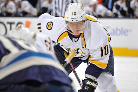 COLUMBUS, OH – MARCH 19: Martin Erat #10 of the Nashville Predators waits for a face off against the Columbus Blue Jackets on March 19, 2013 at Nationwide Arena in Columbus, Ohio. (Photo by Jamie Sabau/NHLI via Getty Images)