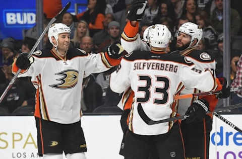 Nov 1, 2016; Los Angeles, CA, USA; Anaheim Ducks defenseman Clayton Stoner (3), Anaheim Ducks right wing Jakob Silfverberg (33) and Anaheim Ducks center Ryan Kesler (17) celebrate a goal in the first period of the game against Los Angeles Kings at Staples Center. Ducks won 4-0. Mandatory Credit: Jayne Kamin-Oncea-USA TODAY Sports