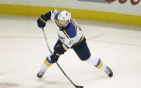 May 19, 2016; San Jose, CA, USA; St. Louis Blues left wing Jaden Schwartz (17) shoots the puck against the San Jose Sharks during the first period in game three of the Western Conference Final of the 2016 Stanley Cup Playoffs at SAP Center at San Jose. Mandatory Credit: John Hefti-USA TODAY Sports