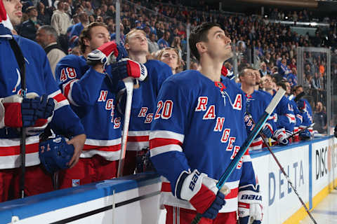 NEW YORK, NY – OCTOBER 29: Chris Kreider #20 of the New York Rangers looks on during pregame ceremonies prior to the game against the Tampa Bay Lightning at Madison Square Garden on October 29, 2019 in New York City. (Photo by Jared Silber/NHLI via Getty Images)