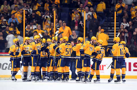 NHL Power Rankings: Nashville Predators players celebrate after a win against the Dallas Stars at Bridgestone Arena. The Predators won 5-3. Mandatory Credit: Christopher Hanewinckel-USA TODAY Sports