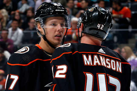 ANAHEIM, CA – OCTOBER 3: Hampus Lindholm #47 of the Anaheim Ducks chats with teammate Josh Manson #42 during the game against the Arizona Coyotes at Honda Center on October 3, 2019 in Anaheim, California. (Photo by Debora Robinson/NHLI via Getty Images)