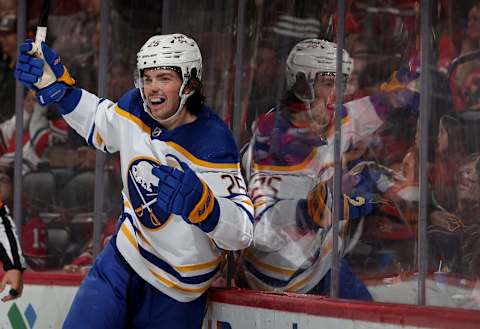 NEWARK, NEW JERSEY – APRIL 21: Owen Power #25 of the Buffalo Sabres celebrates his first NHL goal during the third period against the New Jersey Devils at Prudential Center on April 21, 2022 in Newark, New Jersey. The Buffalo Sabres defeated the New Jersey Devils 5-2. (Photo by Elsa/Getty Images)