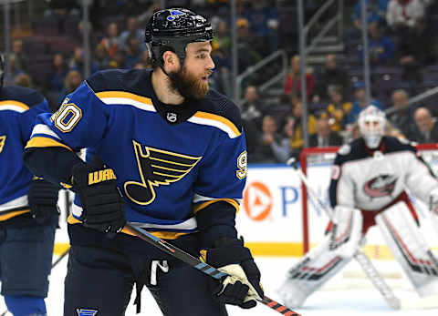 ST. LOUIS, MO – OCTOBER 25: St. Louis Blues center Ryan O’Reilly (90) during a NHL game between the Columbus Blue Jackets and the St. Louis Blues on October 25, 2018, at Enterprise Center, St. Louis, MO. Columbus beat St. Louis 7-4. (Photo by Keith Gillett/Icon Sportswire via Getty Images)