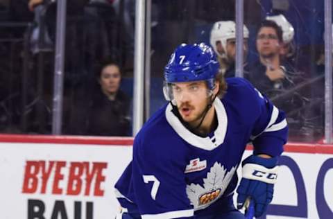 LAVAL, QC – NOVEMBER 13: Toronto Marlies defenceman Timothy Liljegren (7) looks for a pass target during the Toronto Marlies versus the Laval Rocket game on November 13, 2018, at Place Bell in Laval, QC (Photo by David Kirouac/Icon Sportswire via Getty Images)