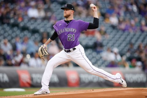 Apr 17, 2023; Denver, Colorado, USA; Colorado Rockies starting pitcher Kyle Freeland (21) pitches in the first inning against the Pittsburgh Pirates at Coors Field. Mandatory Credit: Isaiah J. Downing-USA TODAY Sports