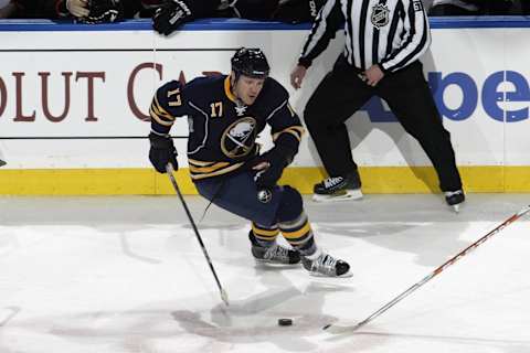 BUFFALO, NY – MARCH 5: Raffi Torres #17 of the Buffalo Sabres skates with the puck during the game against the Philadelphia Flyers at HSBC Arena on March 5, 2010 in Buffalo, New York. (Photo by Rick Stewart/Getty Images)