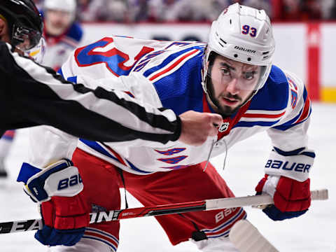 MONTREAL, QC – FEBRUARY 22: Mika Zibanejad #93 of the New York Rangers remains focused as he prepares to take a face-off against the Montreal Canadiens during the NHL game at the Bell Centre on February 22, 2018 in Montreal, Quebec, Canada. The Montreal Canadiens defeated the New York Rangers 3-1. (Photo by Minas Panagiotakis/Getty Images)