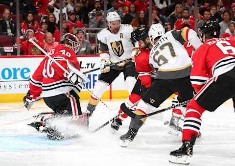 CHICAGO, IL – OCTOBER 22: Mark Stone #61 of the Vegas Golden Knights and Brent Seabrook #7 of the Chicago Blackhawks work to get the puck in the third period at the United Center on October 22, 2019 in Chicago, Illinois. (Photo by Chase Agnello-Dean/NHLI via Getty Images)