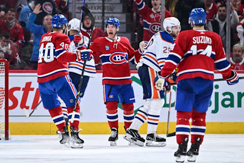 MONTREAL, CANADA – FEBRUARY 12: Jordan Harris #54 of the Montreal Canadiens celebrates his goal during the third period against the Edmonton Oilers at Centre Bell on February 12, 2023 in Montreal, Quebec, Canada. The Montreal Canadiens defeated the Edmonton Oilers 6-2. (Photo by Minas Panagiotakis/Getty Images)