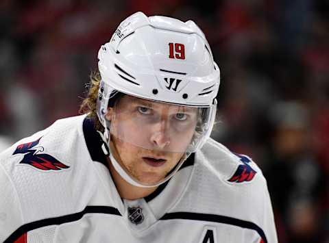 RALEIGH, NORTH CAROLINA – APRIL 18: Nicklas Backstrom #19 of the Washington Capitals against the Carolina Hurricanes in the first period in Game Four of the Eastern Conference First Round during the 2019 NHL Stanley Cup Playoffs at PNC Arena on April 18, 2019 in Raleigh, North Carolina. (Photo by Grant Halverson/Getty Images)