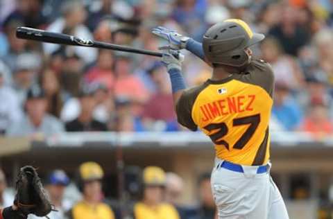 Jul 10, 2016; San Diego, CA, USA; World player Eloy Jimenez hits a three-run home run in the 9th inning during the All Star Game futures baseball game at PetCo Park. Mandatory Credit: Gary A. Vasquez-USA TODAY Sports