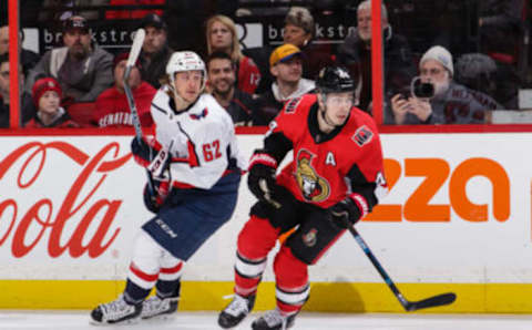 OTTAWA, ON – JANUARY 31: Jean-Gabriel Pageau #44 of the Ottawa Senators skates against Carl Hagelin #62 of the Washington Capitals at Canadian Tire Centre on January 31, 2020 in Ottawa, Ontario, Canada. (Photo by Jana Chytilova/Freestyle Photography/Getty Images)