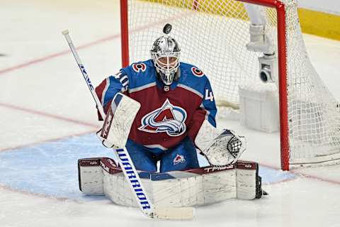 DENVER, COLORADO – APRIL 18: Alexandar Georgiev #40 of the Colorado Avalanche makes a save against the Seattle Kraken in the third period of Game One in the First Round of the 2023 Stanley Cup Playoffs at Ball Arena on April 18, 2023 in Denver, Colorado. (Photo by Dustin Bradford/Getty Images)