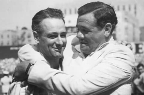 (Original Caption) 7/4/1939-New York, NY:_Babe Ruth greets his former teammate Lou Gehrig on the occasion of “Lou Gehrig Day” at Yankee Stadium