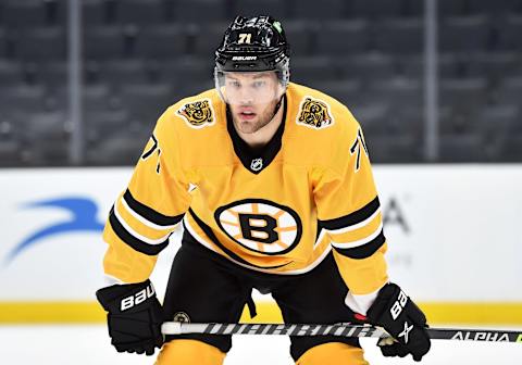 Apr 15, 2021; Boston, Massachusetts, USA; Boston Bruins left wing Taylor Hll (71) gets ready for a face-off during the third period against the New York Islanders at TD Garden. Mandatory Credit: Bob DeChiara-USA TODAY Sports