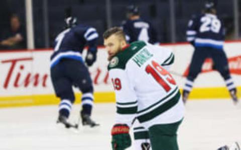 Feb 28, 2017; Winnipeg, Manitoba, CAN; Minnesota Wild center Martin Hanzal (19) stretches prior to the game between the Winnipeg Jets and the Minnesota Wild at MTS Centre. Mandatory Credit: Bruce Fedyck-USA TODAY Sports