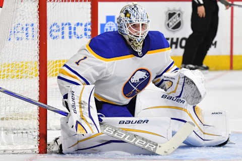 Apr 1, 2023; Philadelphia, Pennsylvania, USA; Buffalo Sabres goaltender Ukko-Pekka Luukkonen (1) against the Philadelphia Flyers at Wells Fargo Center. Mandatory Credit: Eric Hartline-USA TODAY Sports