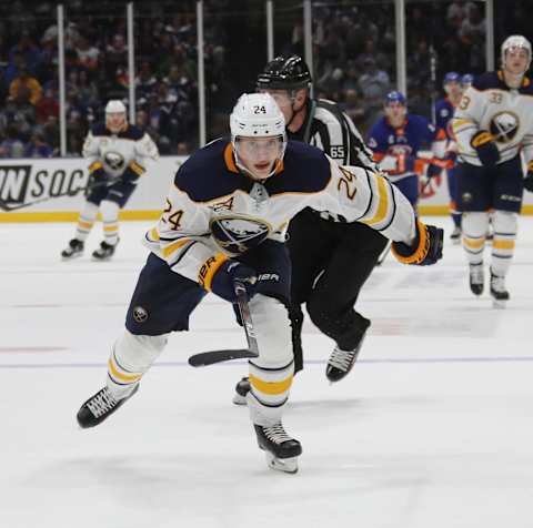 UNIONDALE, NEW YORK – MARCH 30: Lawrence Pilut #24 of the Buffalo Sabres skates against the New York islanders at NYCB Live’s Nassau Coliseum on March 30, 2019 in Uniondale, New York. The Islanders defeated the Sabres 5-1. (Photo by Bruce Bennett/Getty Images)