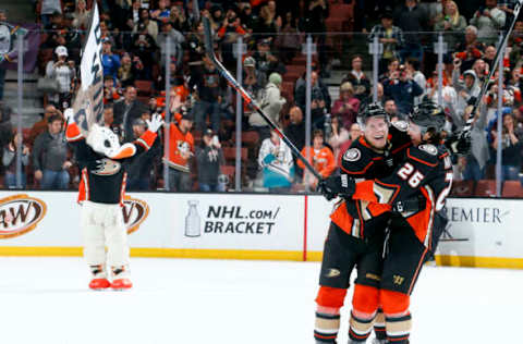 ANAHEIM, CA – APRIL 1: Ondrej Kase #25 and Brandon Montour #26 of the Anaheim Ducks celebrate Kase’s overtime goal as the Ducks defeat the Colorado Avalanche 4-3. (Photo by Debora Robinson/NHLI via Getty Images)