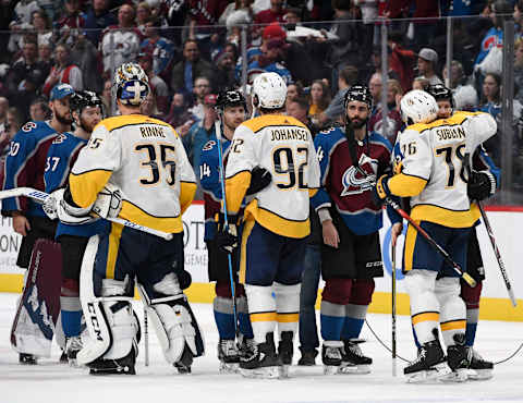 DENVER, CO – APRIL 22: Nashville Predators defenseman P.K. Subban, right, #76 and Colorado Avalanche left wing Gabriel Landeskog #92 hug it out at the end game 6 of round one of the Stanley Cup Playoffs after the Predators won 5-0 at the Pepsi Center April 22, 2018. The Predators won the series 4-2. (Photo by Andy Cross/The Denver Post via Getty Images)