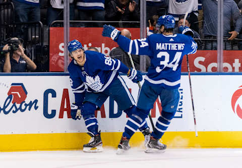 TORONTO, ON – OCTOBER 7: William Nylander #88 of the Toronto Maple Leafs celebrates his gaol against the St. Louis Blues with teammate Auston Matthews #34 during the second period at the Scotiabank Arena on October 7, 2019 in Toronto, Ontario, Canada. (Photo by Kevin Sousa/NHLI via Getty Images)