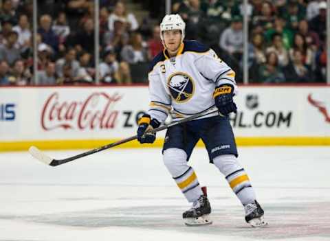 Sep 21, 2015; Saint Paul, MN, USA; Buffalo Sabres defenseman Mark Pysyk (3) against the Minnesota Wild at Xcel Energy Center. The Sabres defeated the Wild 3-2. Mandatory Credit: Brace Hemmelgarn-USA TODAY Sports