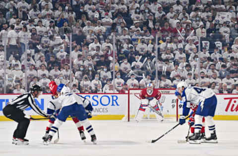 LAVAL, QC – MAY 12: Goaltender Cayden Primeau #31 of the Laval Rocket tends net against the Syracuse Crunch during the second period in Game Three of the North Division Semifinals at Place Bell on May 12, 2022 in Laval, Canada. The Laval Rocket defeated the Syracuse Crunch 4-1. (Photo by Minas Panagiotakis/Getty Images)