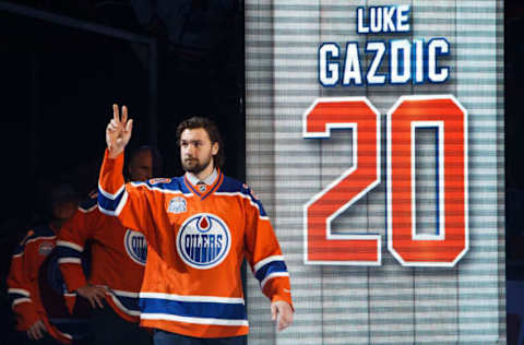 EDMONTON, AB – APRIL 6: Oilers forward Luke Gazdic is introduced during the closing ceremonies at Rexall Place following the game between the Edmonton Oilers and the Vancouver Canucks on April 6, 2016 at Rexall Place in Edmonton, Alberta, Canada. The game was the final game the Oilers played at Rexall Place before moving to Rogers Place next season. (Photo by Codie McLachlan/Getty Images)