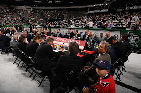 DALLAS, TX – JUNE 22: A general view of the Washington Capitals draft table is seen during the first round of the 2018 NHL Draft at American Airlines Center on June 22, 2018 in Dallas, Texas. (Photo by Brian Babineau/NHLI via Getty Images)