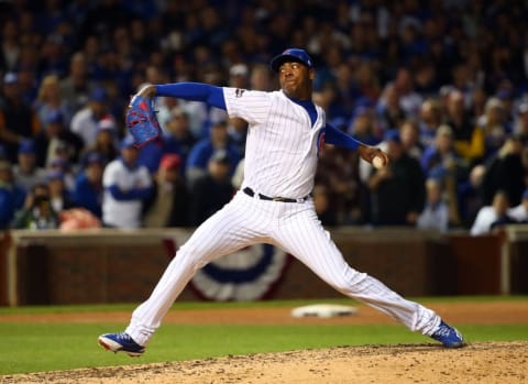 Oct 22, 2016; Chicago, IL, USA; Chicago Cubs relief pitcher Aroldis Chapman (54) throws against the Los Angeles Dodgers during the eighth inning of game six of the 2016 NLCS playoff baseball series at Wrigley Field. Mandatory Credit: Jerry Lai-USA TODAY Sports