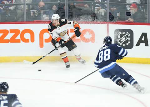 Anaheim Ducks, Rickard Rakell (67); Winnipeg Jets, Nate Schmidt (88). Mandatory Credit: Terrence Lee-USA TODAY Sports